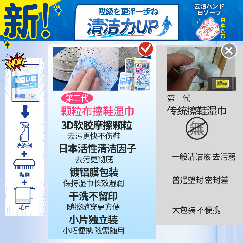 30片/盒*2盒 全球仓小白鞋3D软胶颗粒布清洁湿巾擦鞋湿巾生活用品颗粒布小白鞋干洗剂官方旗舰店高清大图
