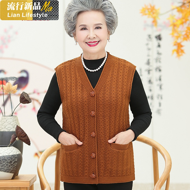 恋名媛老人马甲女春秋奶奶毛线衣背心老年人针织马夹妈妈老太太加肥