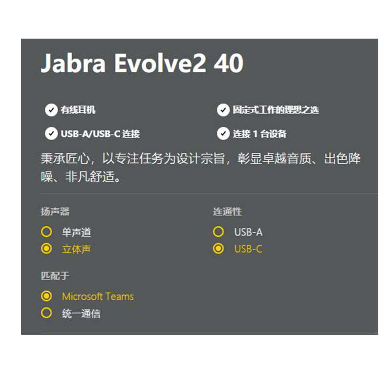 捷波朗 头戴式耳机 Evolve2 40 客服直播耳麦 MS双耳 Type-A接口(套)