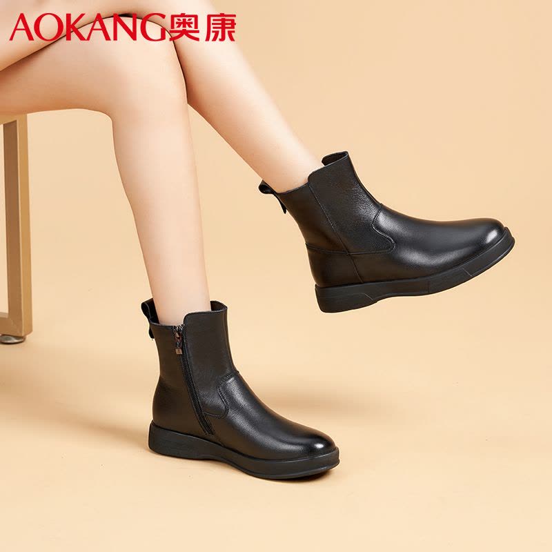 奥康女靴秋冬季切尔西短靴休闲高帮女鞋加绒加厚棉靴女牛皮保暖马丁靴图片