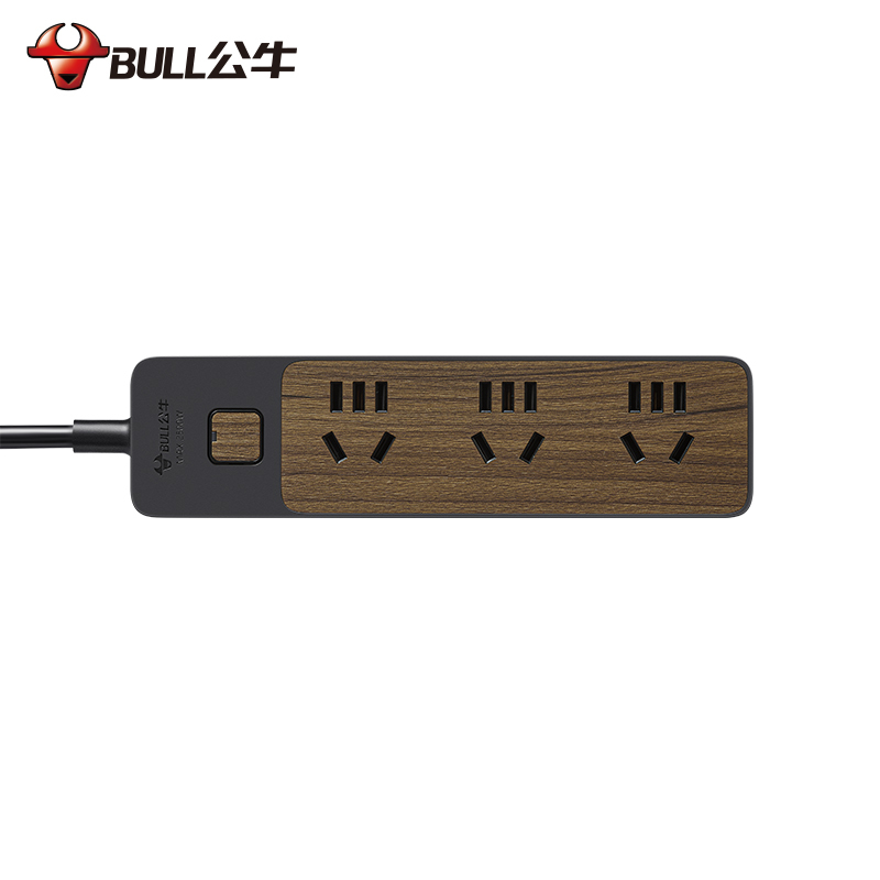 公牛(BULL)GN-R1330六位总控开关全长1.8米焕新木纹系列带儿童保护门插座/接线板/排插/拖线板/插排黑色高清大图