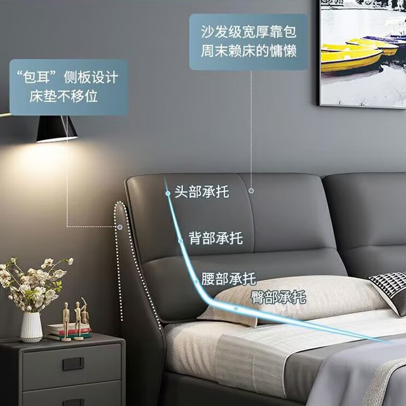 意式真皮床轻奢现代简约主卧室双人家用软包婚床小户型实木储物床高清大图