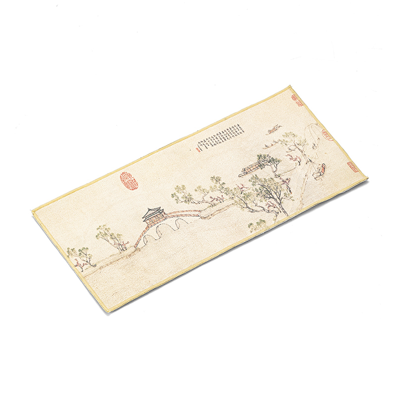 領藝 优选棉麻吸水茶巾茶道配件灰色桌布抹布复古中式百搭茶垫 彩绘柔方茶巾2条装(瑞鹤图+玉带桥)