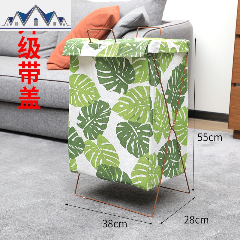 北欧玩具脏衣服收纳筐脏衣篮篓桶可折叠装防水家用布艺大号卫生间 三维工匠收纳篮 浅棕色绿叶带盖