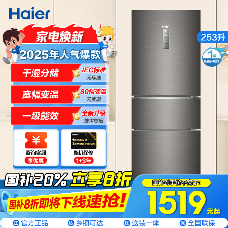 海尔(Haier)253升三门冰箱 双变频一级 干湿分储 宽幅变温 租房家用小冰箱 国补 BCD-253WDPDU1