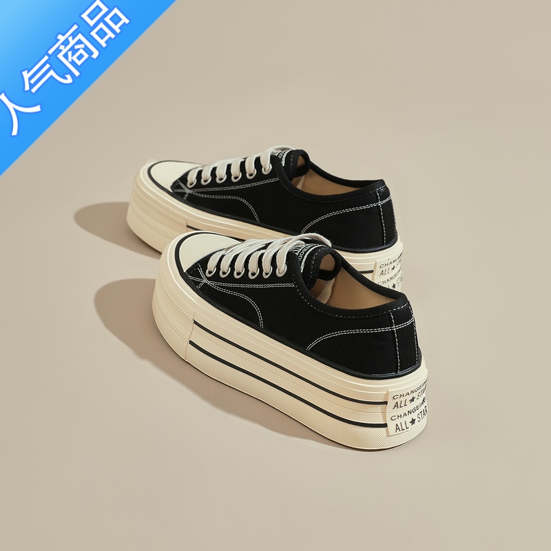 SUNTEK帆布鞋女2023夏季新款透气女鞋松糕厚底增高黑色圆头百搭休闲板鞋高清大图