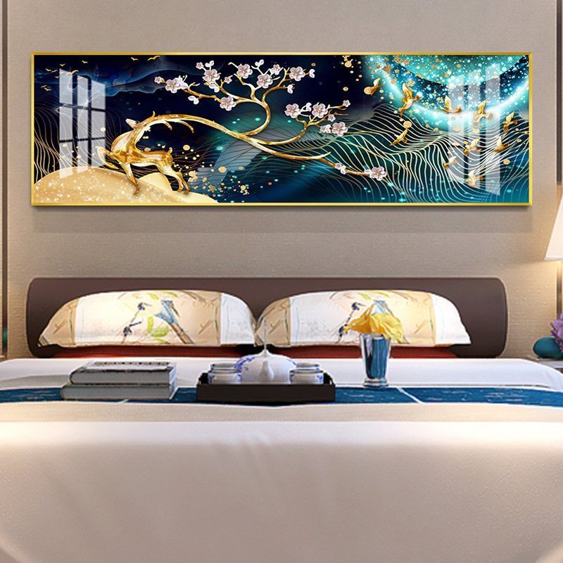现代床头横版一整幅装饰画卧室背景墙免打孔挂画北欧温馨轻奢壁画 梅花奔鹿【金色边框】 75×150cm晶瓷画（晶瓷_96