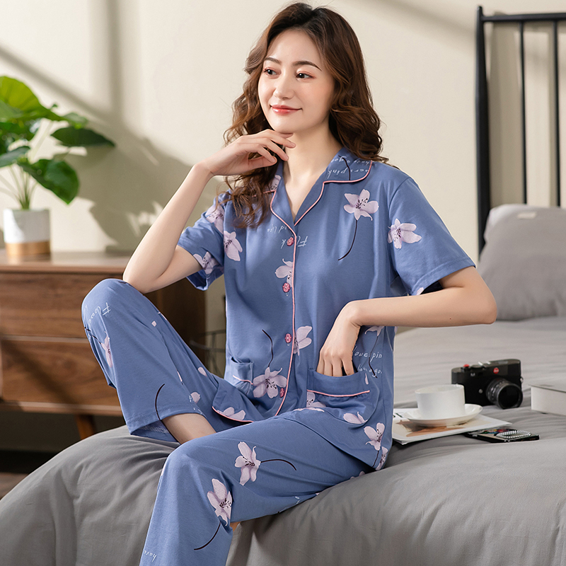 中年妈妈睡衣女夏季薄款纯棉短袖长裤中老年妇女家居服套装