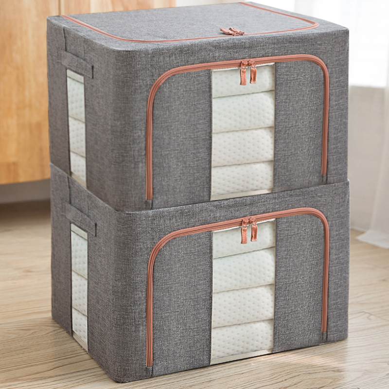 壹志66L棉麻收纳箱 双面可视收纳盒储物整理箱 加厚衣服被子整理箱带钢架双拉链搬家用箱子 【棉麻】深灰66L2个装(50x40x33cm)