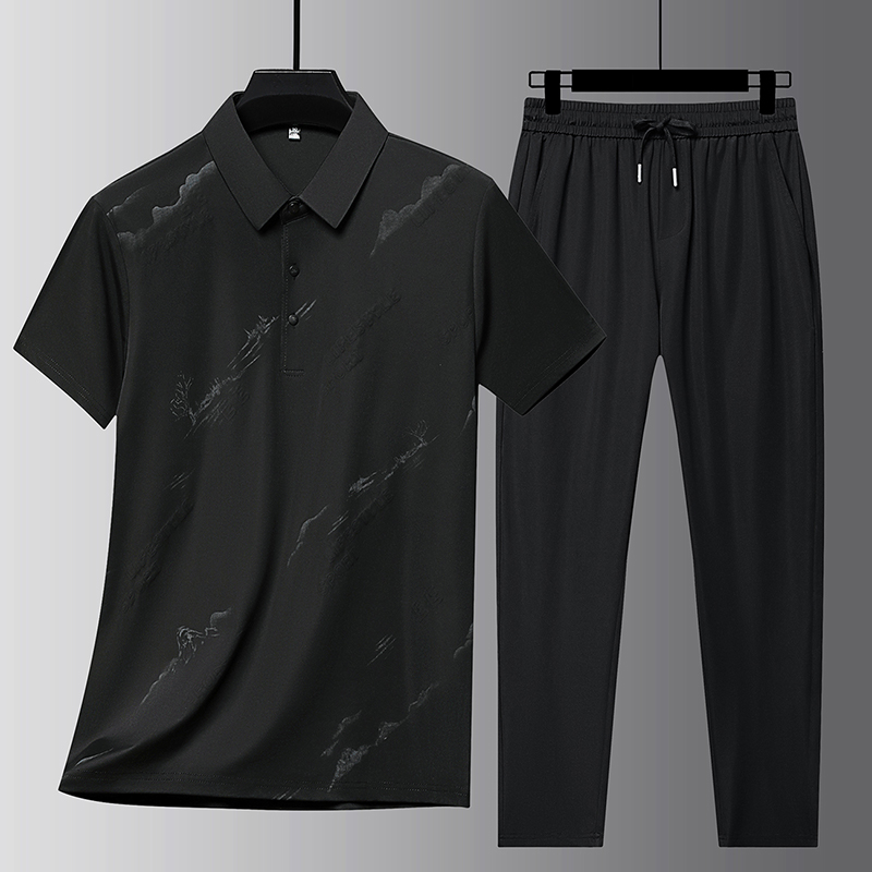 恒源祥2025夏季新款男士冰丝透气短袖套装中年运动休闲薄款爸爸装 黑色(两件套) 190/4XL