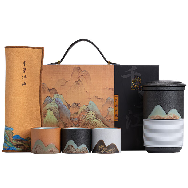 苏氏陶瓷/SUSHI CERAMICS J0713 手绘釉画彩千里江山手抓壶礼盒套装中国风文创伴手礼 (单位:盒)