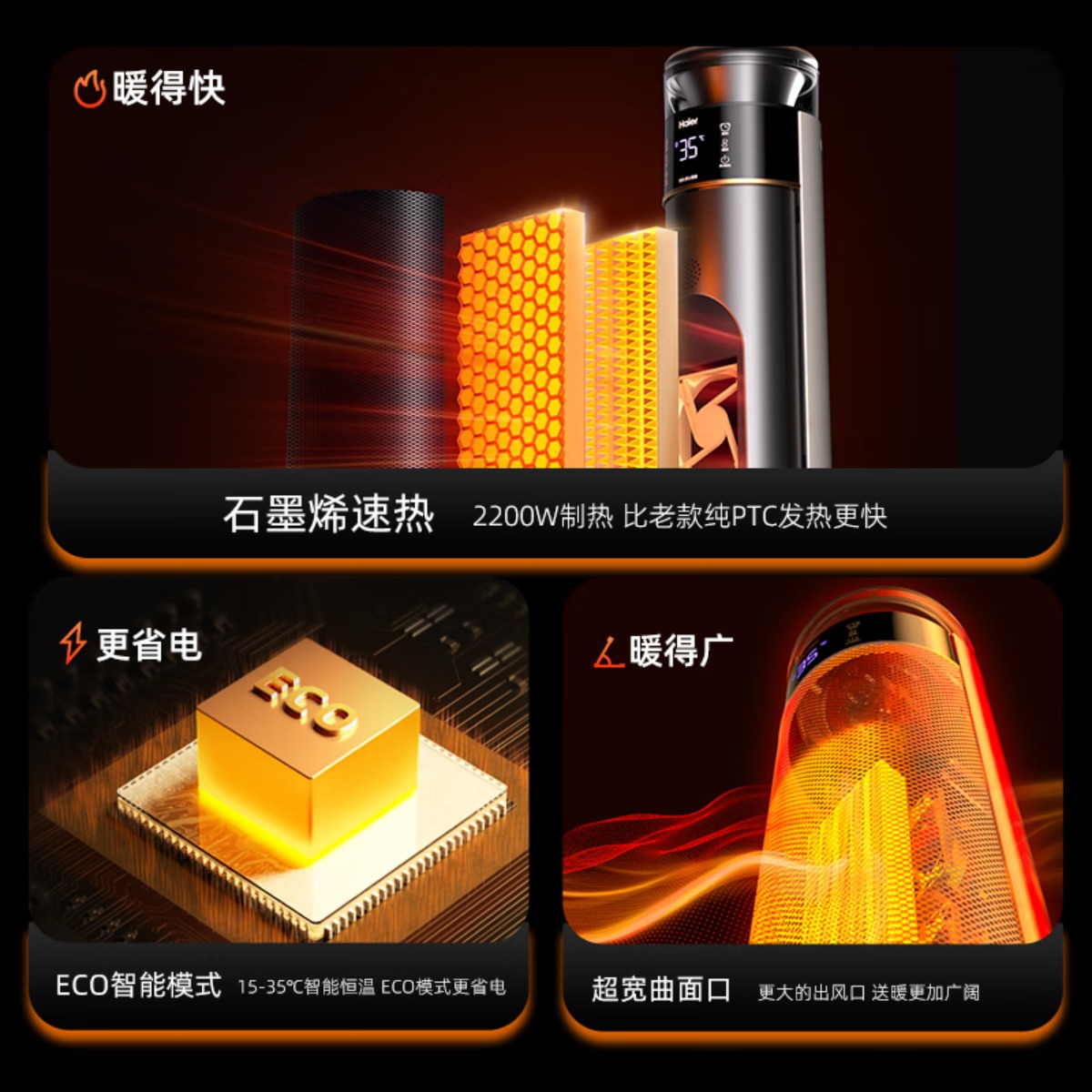 海尔(Haier)石墨烯暖风机取暖器烤火炉定时电暖器语音遥控电暖气节能省电安全阻燃多重防护断电记忆大面积取暖 石墨烯/火高清大图