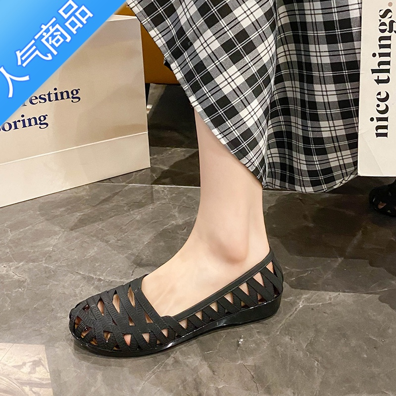 SUNTEK时尚休闲新款镂空编织凉鞋女夏外穿加厚防滑妈妈单鞋包头塑料坡跟