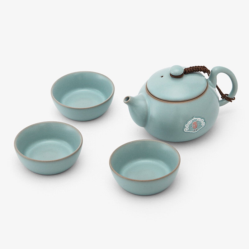 东道汝窑坐禅茶组(天青)陶瓷汝窑汝瓷景德镇茶具茶组 一壶三杯 禅意中国风 冰裂釉