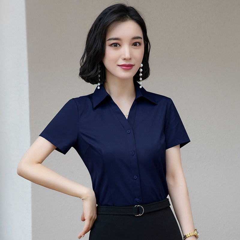 恋名媛蓝色衬衫女短袖职业装夏季v领大码气质工装女