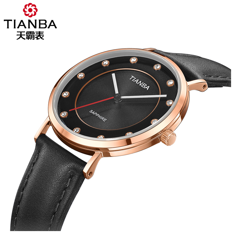 天霸(TIANBA)光彩系列光能太阳能进口机芯时尚商务休闲腕表国产品牌女士皮带简约光能表TL9006.01PK黑色