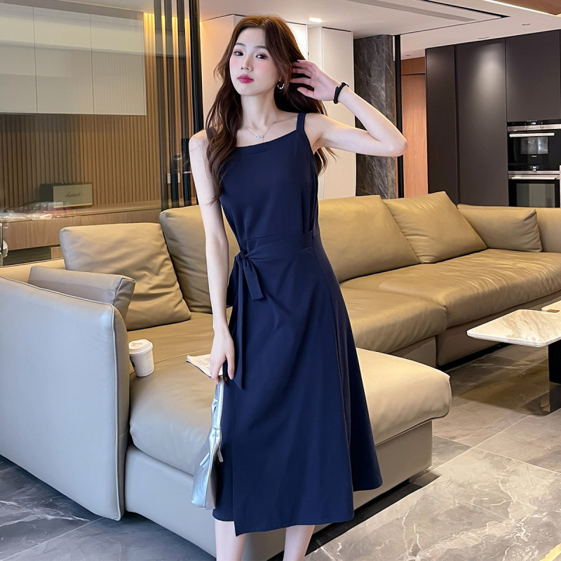 [2.5折价103元]唐狮夏季女圆领背心净色无袖连衣裙简约气质优雅百搭高级感