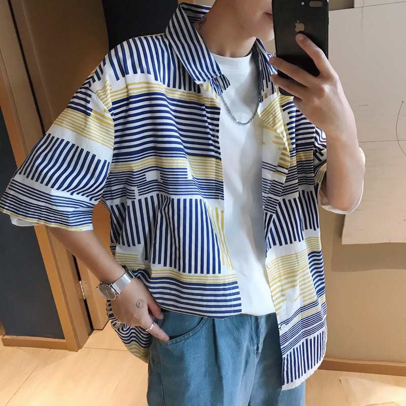 夏款文艺小清新港风宽松短袖衬衫韩版时尚日系复古男士条纹寸衣服