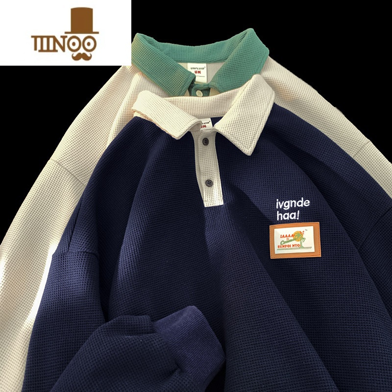 YANXU美式复古vintag卫衣男宽松polo衫情侣装华夫格翻领格il男高清大图