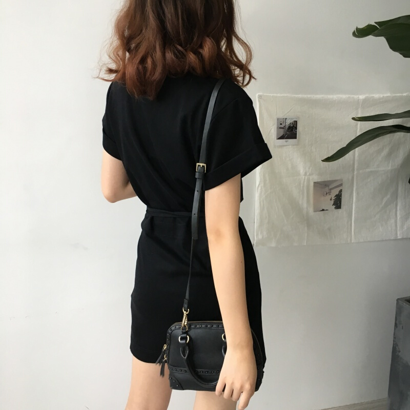 韩风Chic不规则拼接系带短袖连衣裙纯色套头休闲百搭连衣短裙 黑色 均码