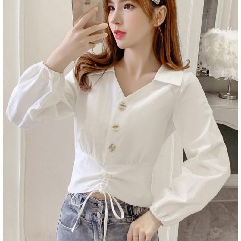 2021秋季新款韩版收腰显瘦短款上衣气质v领抽绳长袖衬衫女潮白色s(75