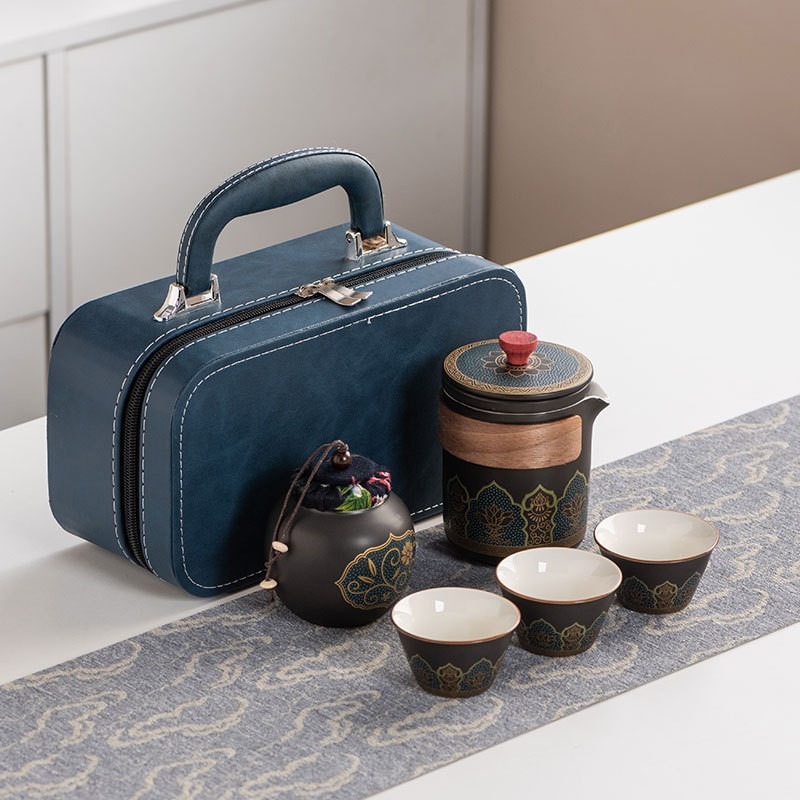 华普思旅行茶具套装 户外便携陶瓷快客杯雅黑【古韵】一壶三杯+罐+蓝皮包