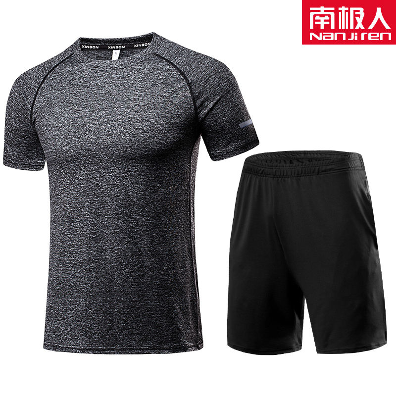 运动套装男跑步健身衣篮足球训练服宽松吸汗两件套夏季 二件套：宽松麻黑短袖+纯黑短裤 XL码（125-145斤左右）