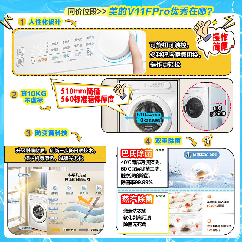 [政府补贴]美的滚筒洗衣机全自动家用10公斤大容量 巴氏除菌 BLDC变频 十年防变黄 MG100V11FPRO以旧换新