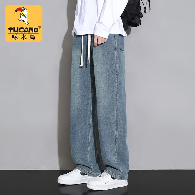 牛仔裤秋冬青少年男生宽松阔腿男士休闲直筒加绒加厚长裤士高清大图