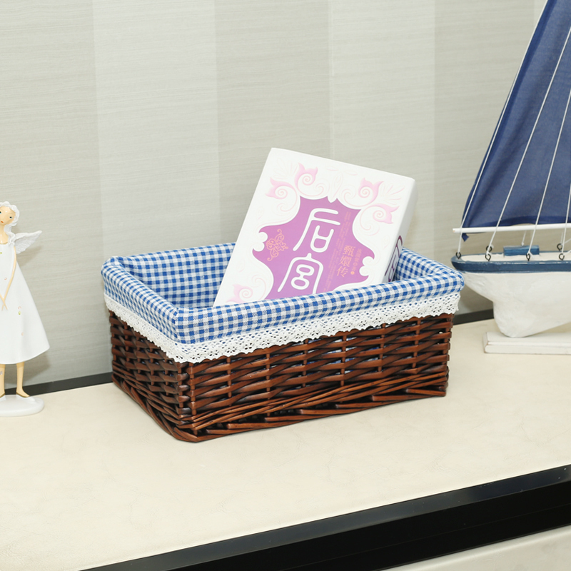 家柏饰(CORATED)收纳筐藤编储物盒编织筐桌面杂物篮居收纳盒布艺柳编收纳篮子 棕色筐蓝格布里大号【36*26*14】