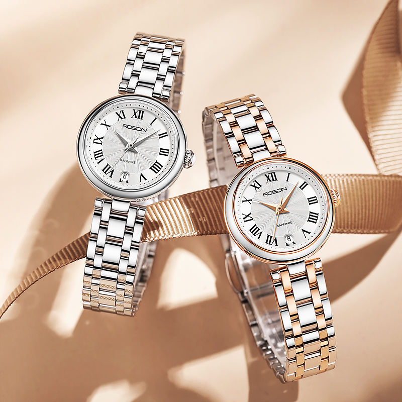 劳士顿rosdn手表女士正品石英表日历防水时尚休闲薄款大气罗马圣诞节