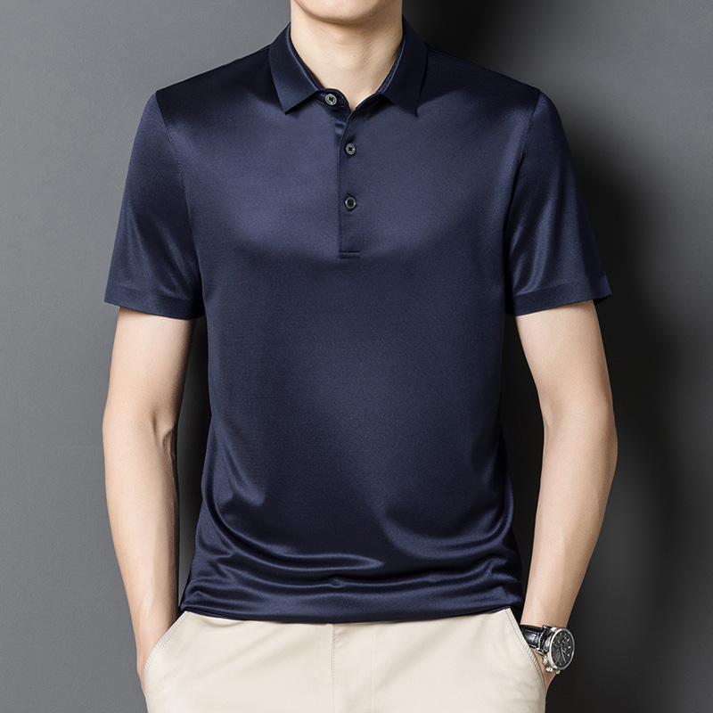 桑蚕丝短袖t恤男士夏季翻领冰丝薄款商务无痕凉爽polo衫醋酸半袖 170/M 深兰色