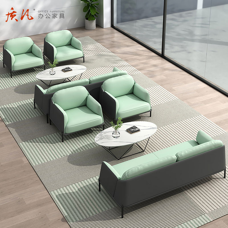 质凡现代简约办公沙发皮艺休闲接待沙发 抹茶绿单人位高清大图