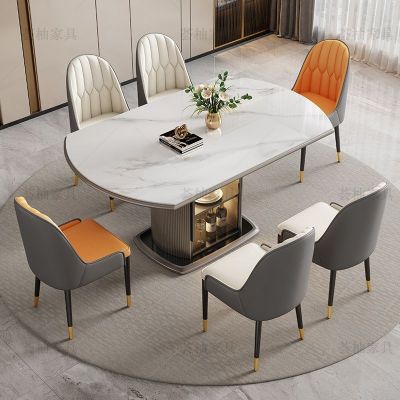 青木川 意式轻奢高级感实木餐桌椅组合套装客厅餐厅家用带收纳储物柜圆形可伸缩折叠小户型吃饭桌子圆桌简约现代 雪山白 1.35米长餐桌＋六椅