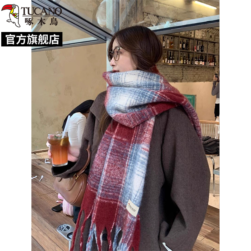 啄木鸟2025新款蓝咖格纹围巾女冬季韩版氛围感加厚保暖围脖披肩新高清大图