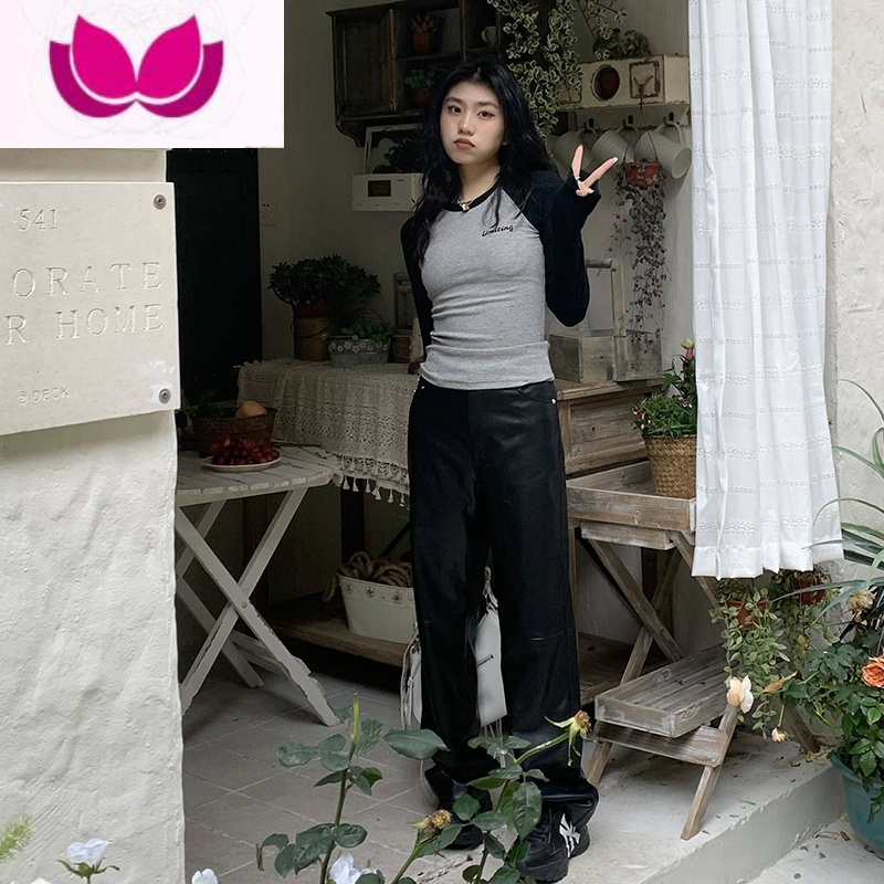 七斓橘子树在哪儿 拼色插肩袖紧身长袖T恤女春季韩版修身撞色内搭上衣