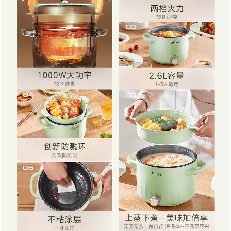 美的(Midea)电火锅电煮锅带蒸笼2.6升多功能蒸煮一体多用途锅宿舍泡面学生小电锅火锅煮锅MC-XZE2066带蒸笼高清大图