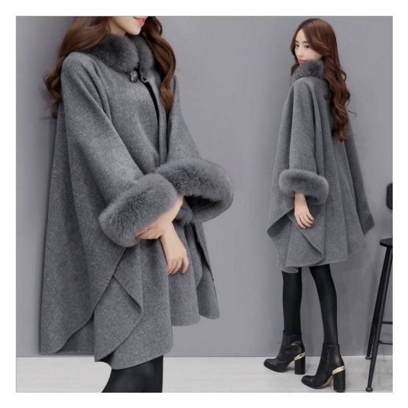 气质大码韩版毛呢外套女秋冬中长款加厚洋气新款大衣獭兔毛大领子