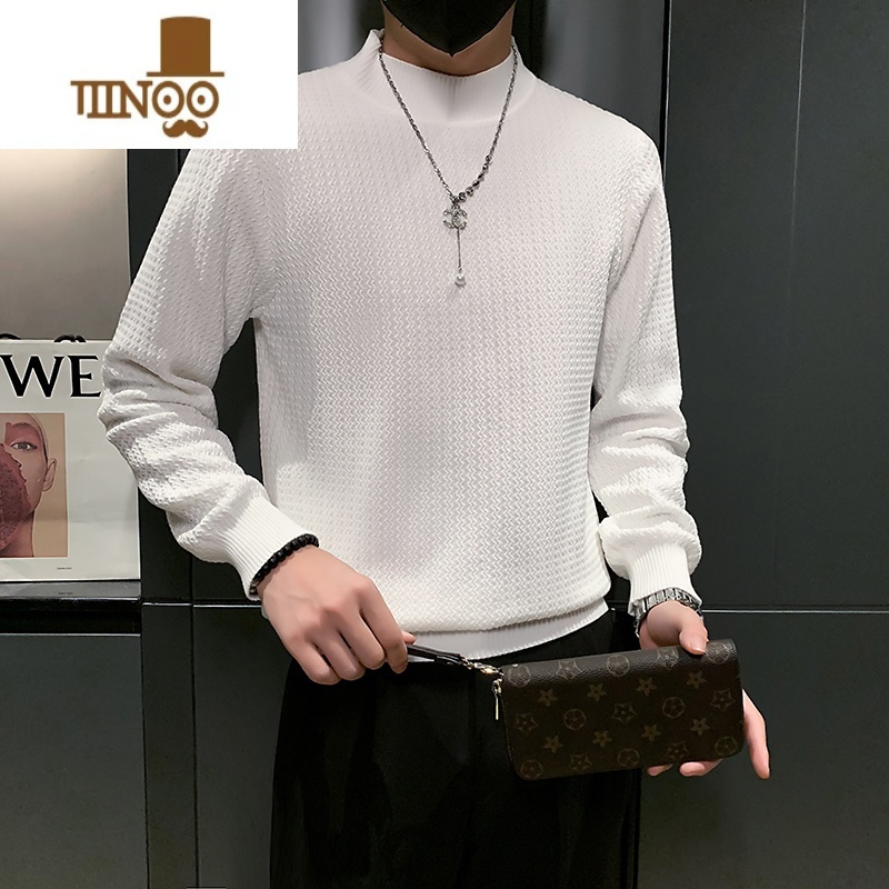 YANXU白色条纹毛衣男秋季休闲百搭打底衫日系潮流简约半高领套头针织衫高清大图