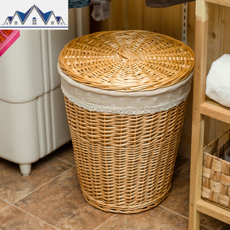 藤编收纳筐脏衣篓大号柳编衣物玩具脏衣服收纳篮脏衣篮编织框带盖 三维工匠 带盖【原色】麻布二号35*27*38cm