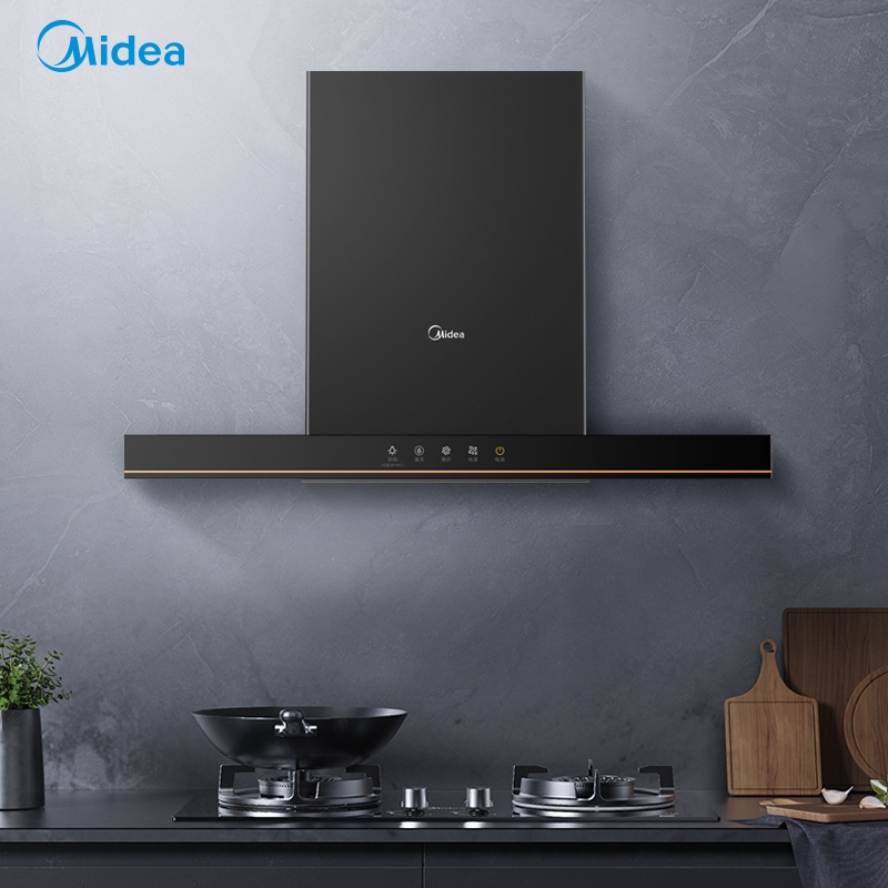 美的欧式顶吸大吸力油烟机厨房家用自动清洗抽烟机智能家电 黑色