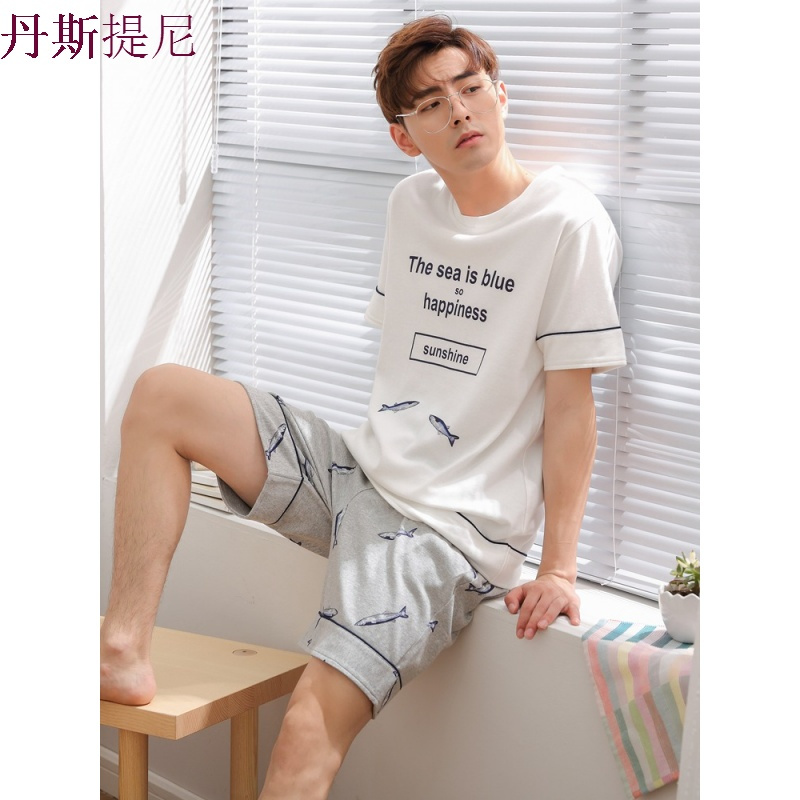 睡衣男夏纯棉短袖青少年韩版休闲全棉夏天男士薄款家居服套装syq