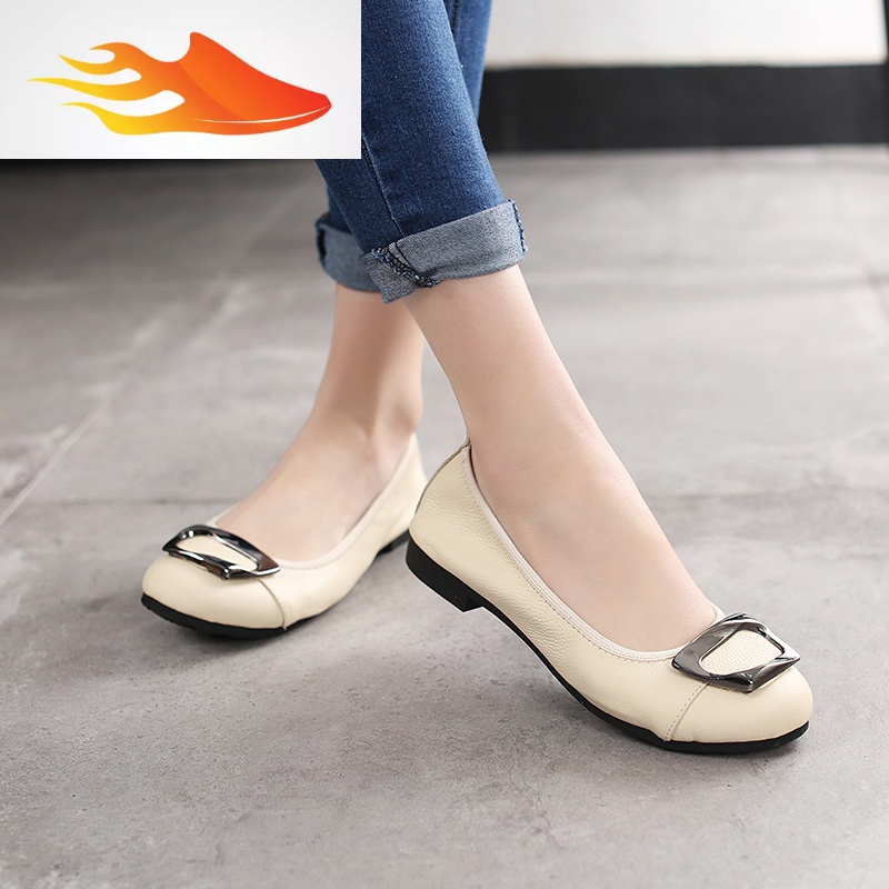 fishbasket春秋软皮妈妈鞋软底休闲皮鞋百搭圆头平底单鞋中老年春天
