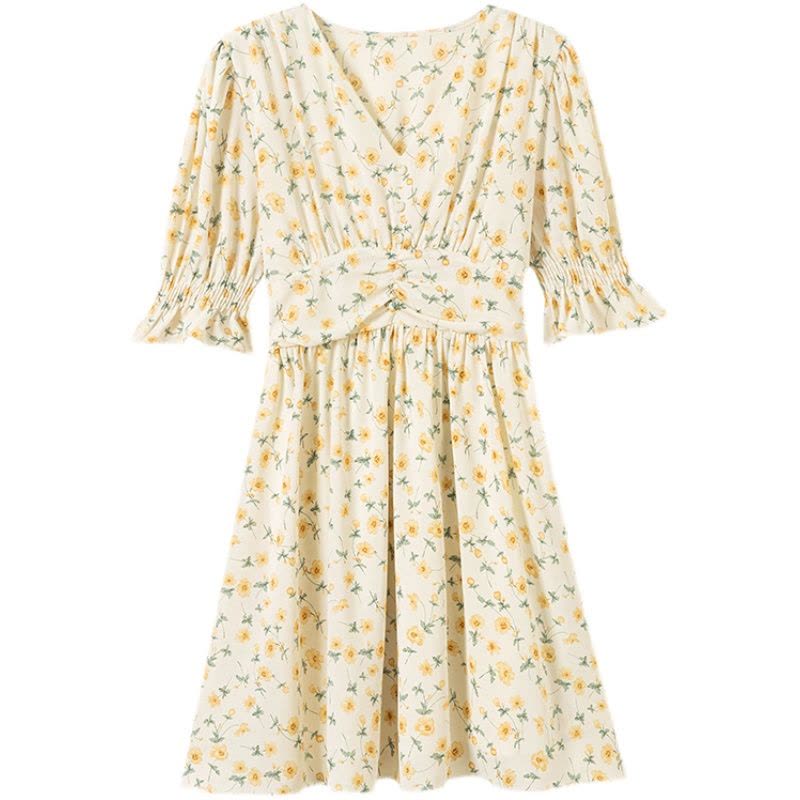 2022年新款法式V领短袖泡泡袖中裙子收腰显瘦碎花连衣裙图片