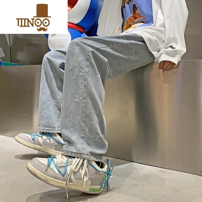 YANXU高街潮牌提花牛仔裤男美式街头嘻哈潮流直筒宽松学生阔腿休闲长牌高清大图