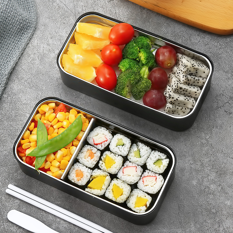 美厨(maxcook)双层日式饭盒便当盒 304不锈钢分隔饭盒便携式可微波炉加热保鲜餐盒