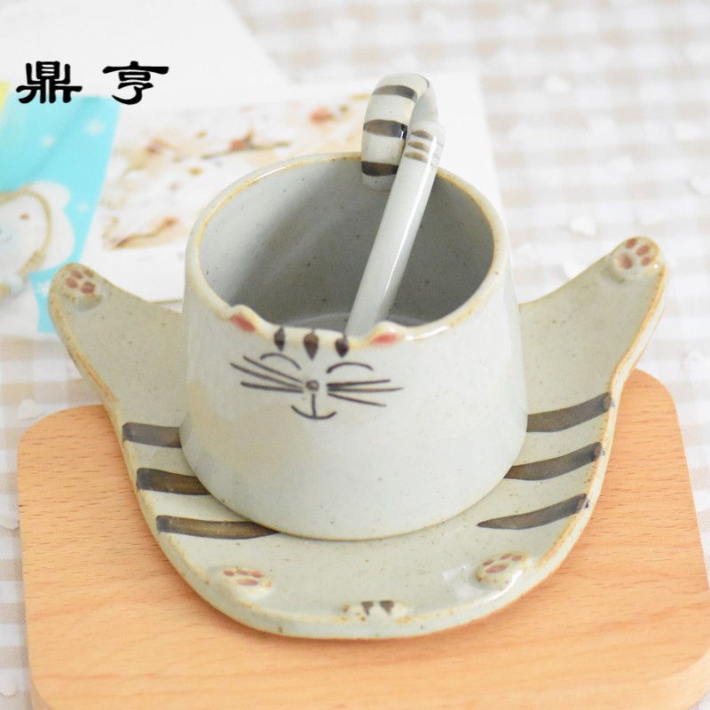 鼎亨景德镇手绘猫咪陶瓷杯子手工咖啡杯带勺带碟可爱卡通萌物趣味