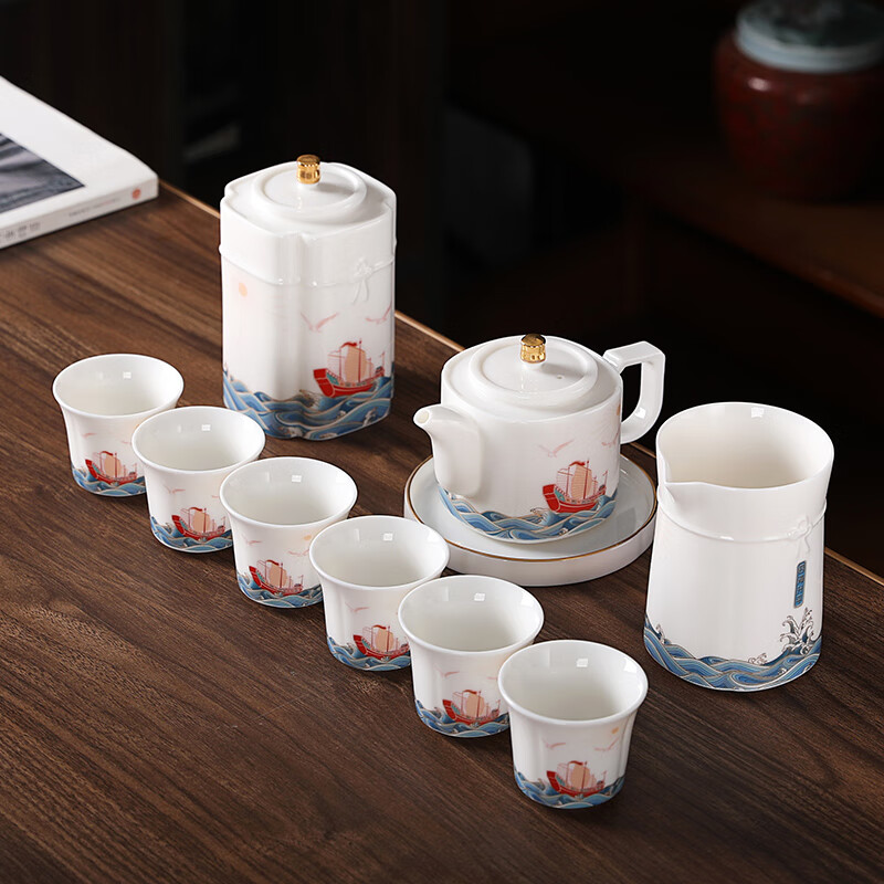 四海升平国风陶瓷茶具办公室茶具 居家会客茶艺用品 礼盒套装 10件套四海升平茶壶款S-808高清大图