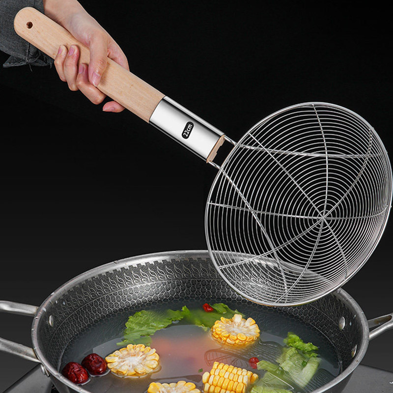 316不锈钢大漏勺商用厨房过滤网油炸密漏网捞面捞勺捞篱笊篱-新[316钢]22CM粗网漏勺木柄高清大图