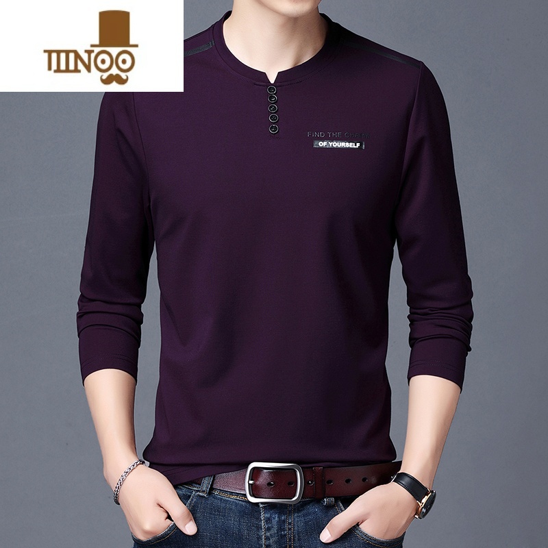 YANXU加肥加大码长袖T恤男士宽松中年丝光棉夏季薄款卫衣圆领纯色速干高清大图